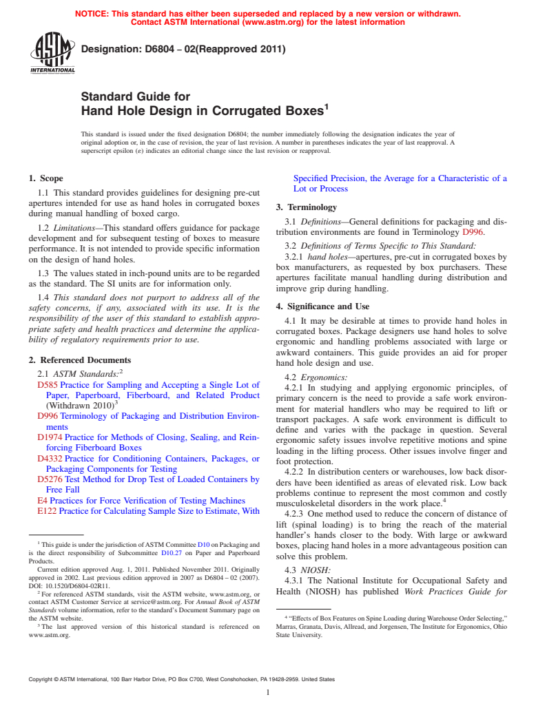 ASTM D6804-02(2011) - Standard Guide for Hand Hole Design in Corrugated Boxes