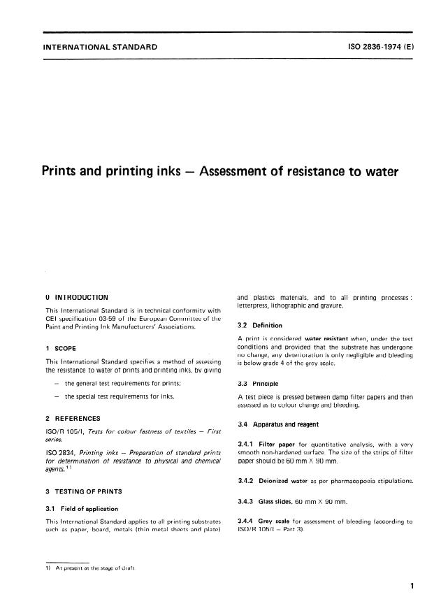 ISO 2836:1974 - Prints and printing inks -- Assessment of resistance to water