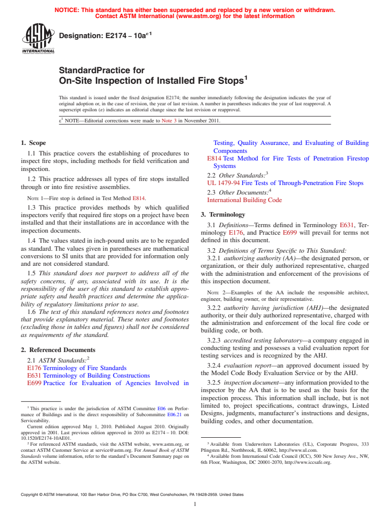 ASTM E2174-10ae1 - Standard Practice for On-Site Inspection of Installed Fire Stops