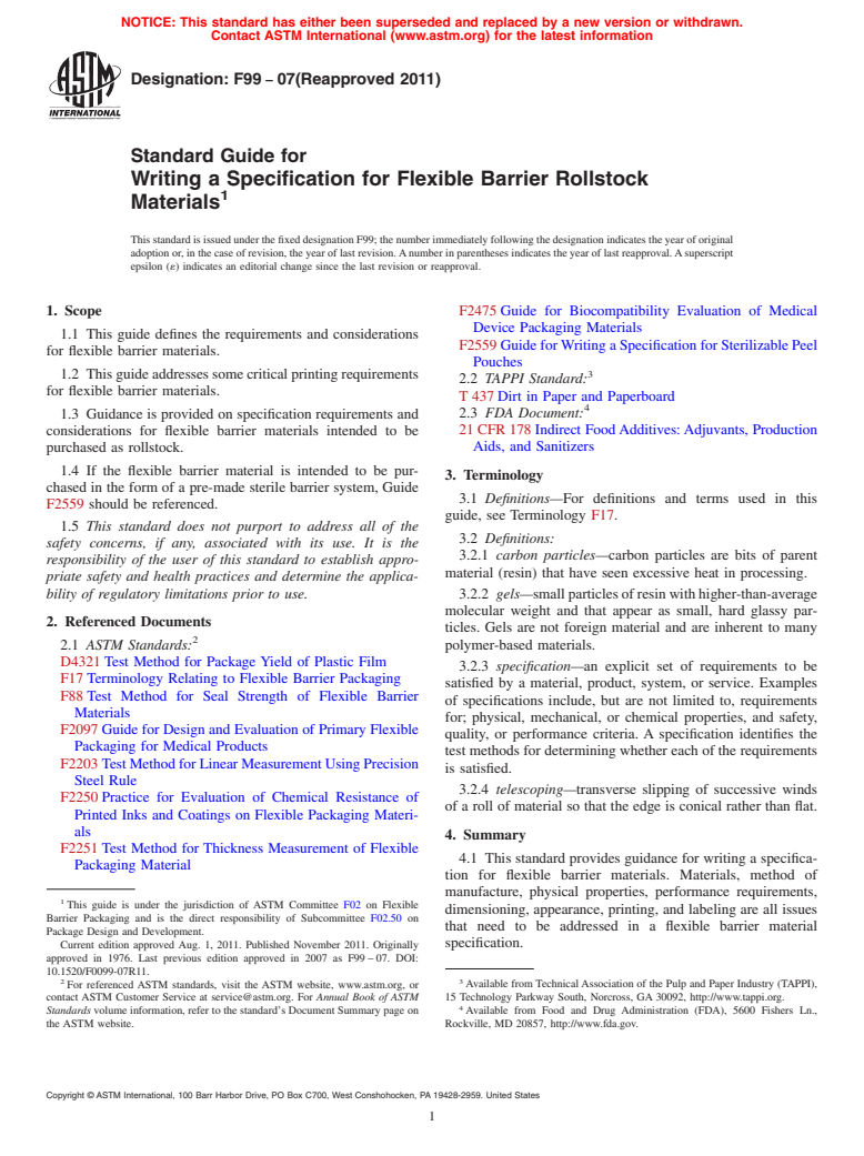 ASTM F99-07(2011) - Standard Guide for  Writing a Specification for Flexible Barrier Rollstock Materials