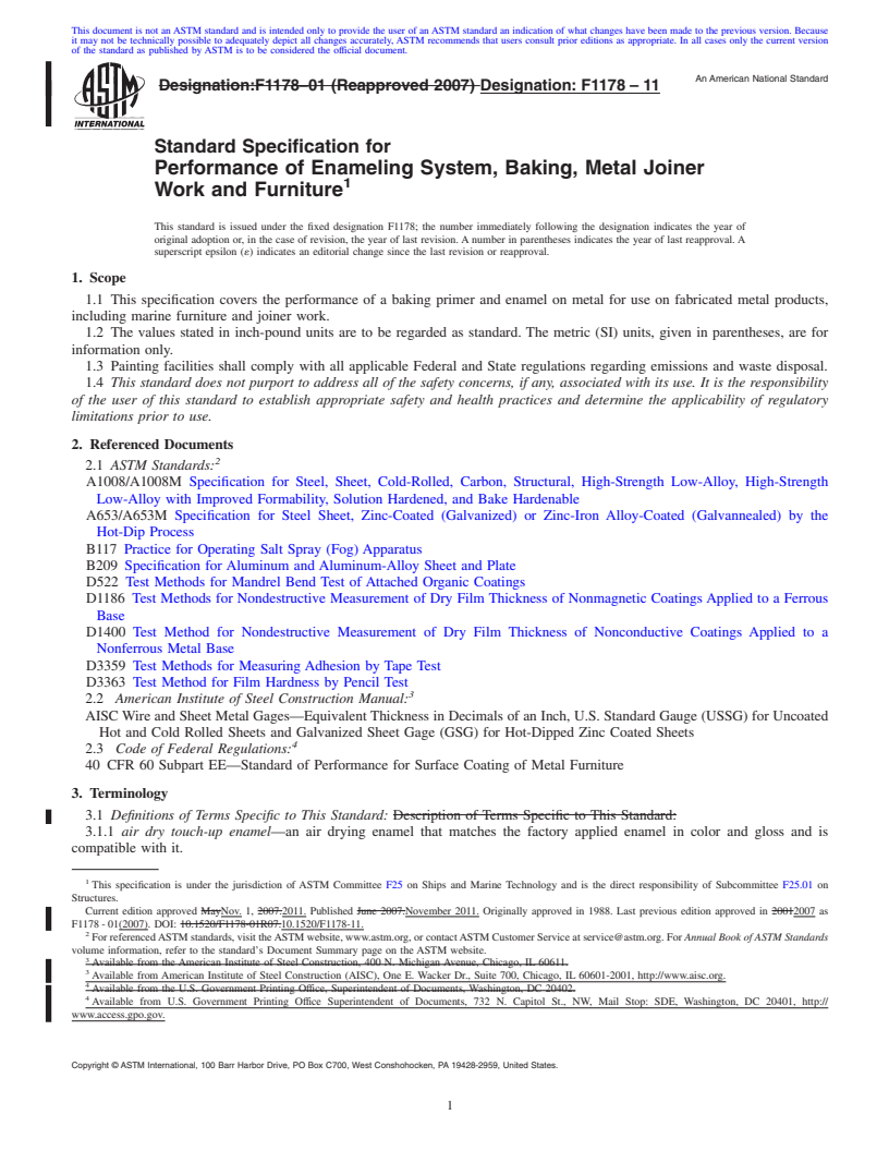 REDLINE ASTM F1178-11 - Standard Specification for Performance of Enameling System, Baking, Metal Joiner Work and Furniture