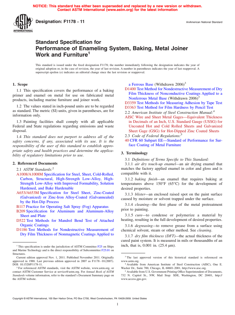 ASTM F1178-11 - Standard Specification for Performance of Enameling System, Baking, Metal Joiner Work and Furniture