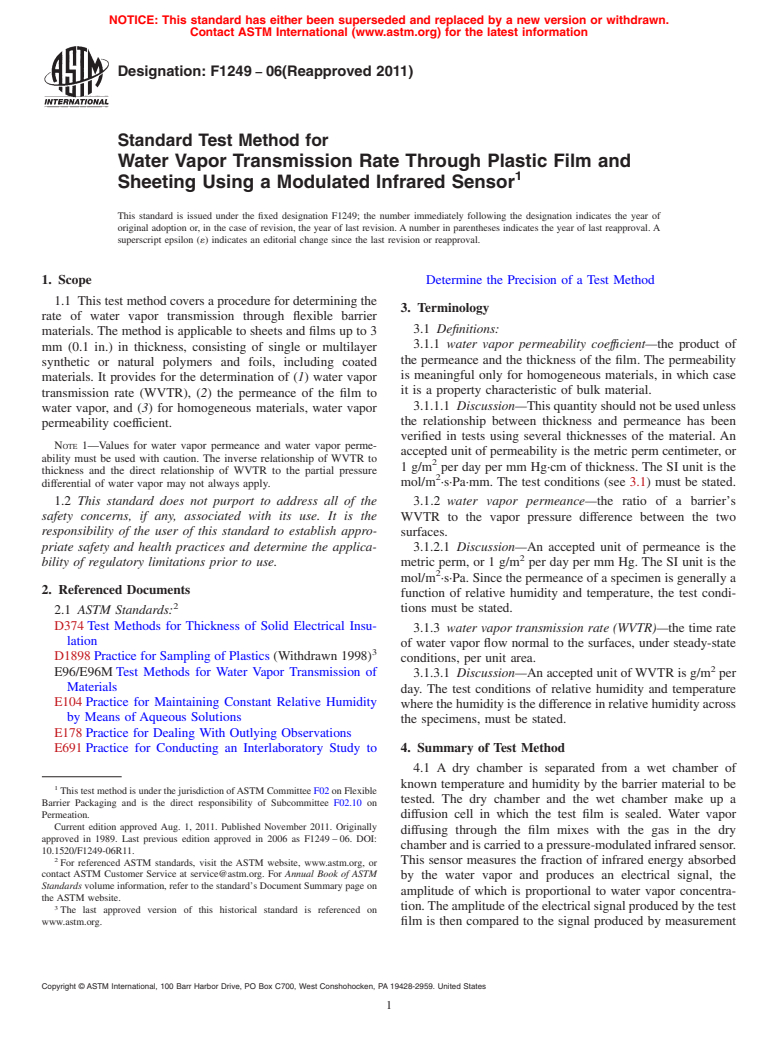 ASTM F1249-06(2011) - Standard Test Method for Water Vapor Transmission Rate Through Plastic Film and Sheeting Using a Modulated Infrared Sensor