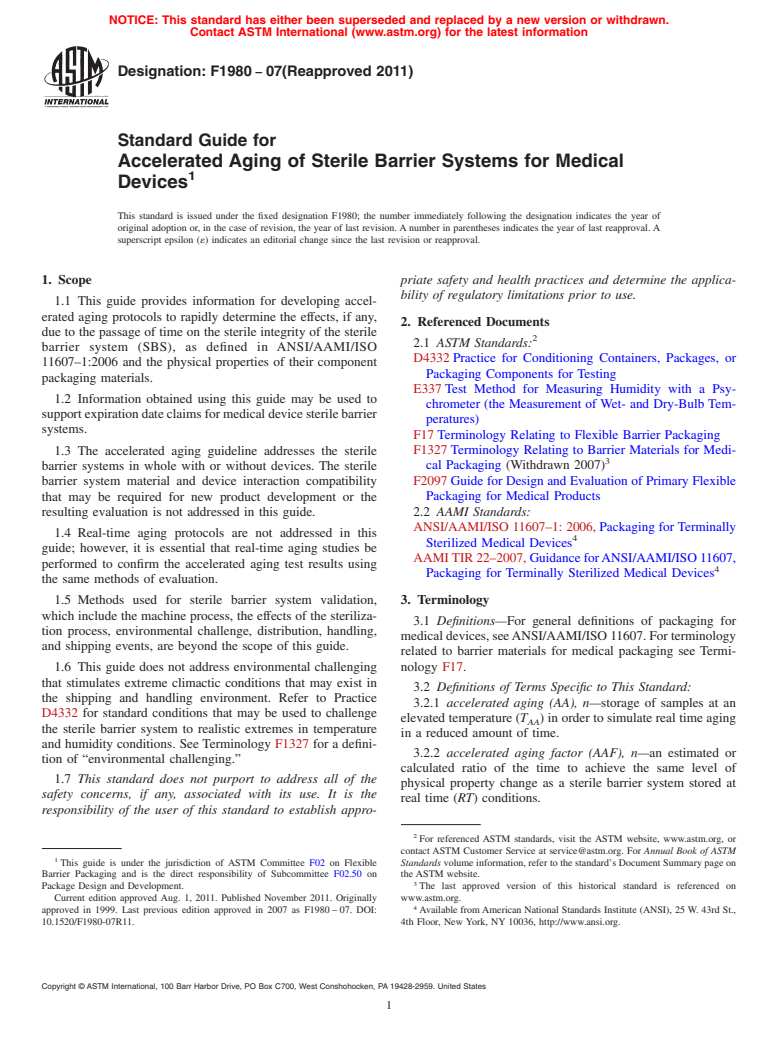 ASTM F1980-07(2011) - Standard Guide for Accelerated Aging of Sterile Barrier Systems for Medical Devices