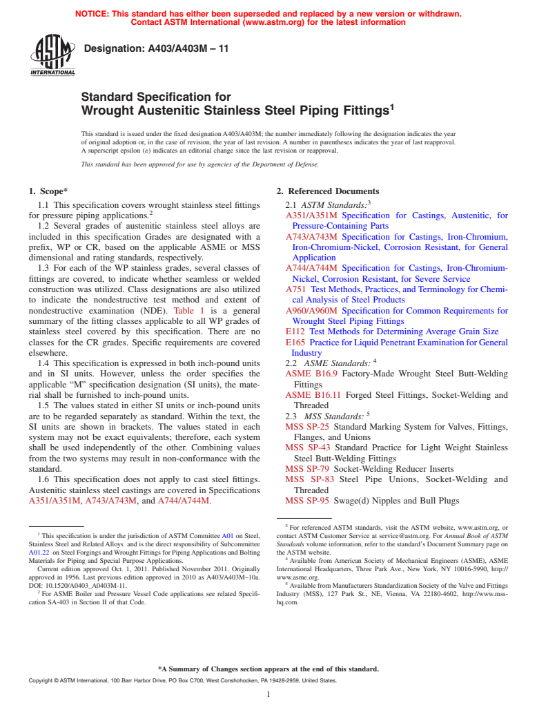 ASTM A403/A403M-11 - Standard Specification for  Wrought Austenitic Stainless Steel Piping Fittings