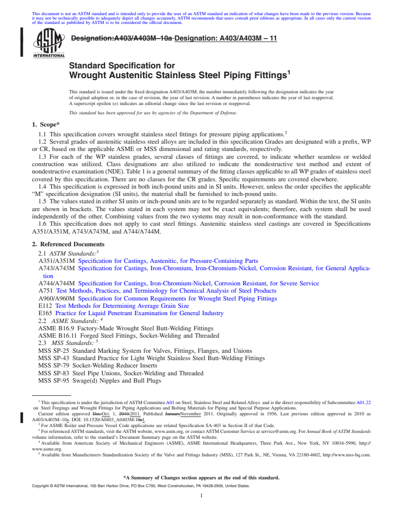REDLINE ASTM A403/A403M-11 - Standard Specification for  Wrought Austenitic Stainless Steel Piping Fittings