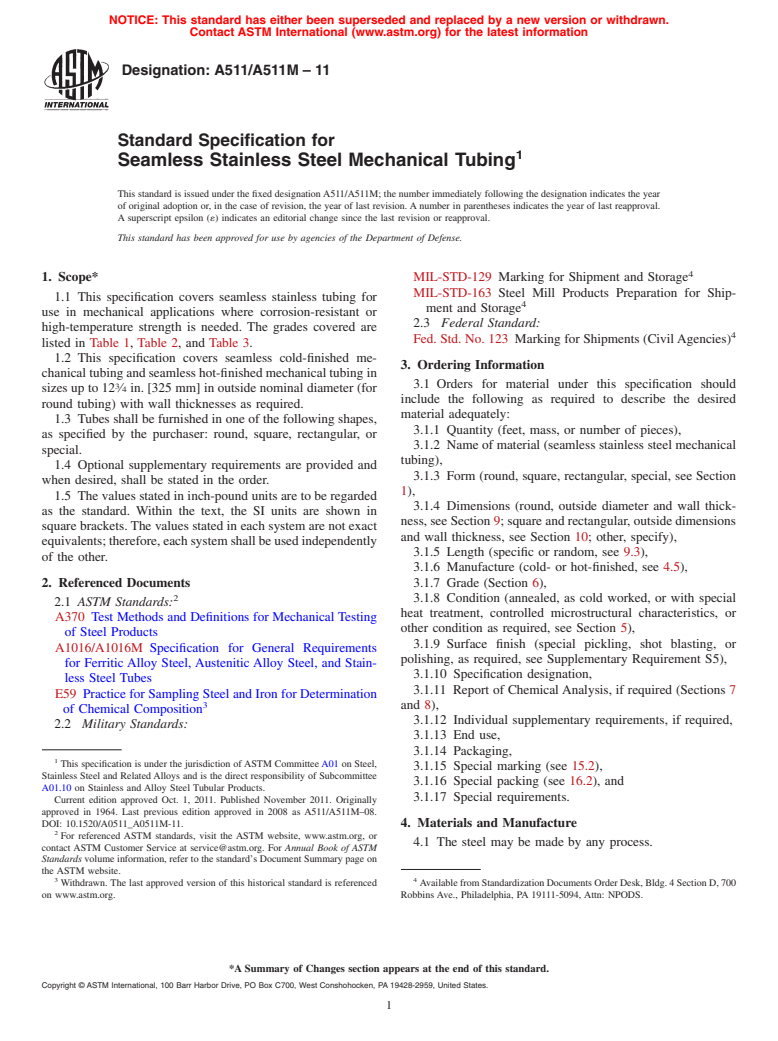 ASTM A511/A511M-11 - Standard Specification for  Seamless Stainless Steel Mechanical Tubing