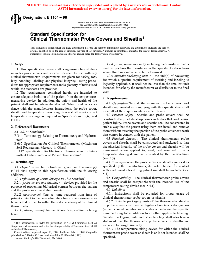 ASTM E1104-98 - Standard Specification for Clinical Thermometers Probe Covers and Sheaths