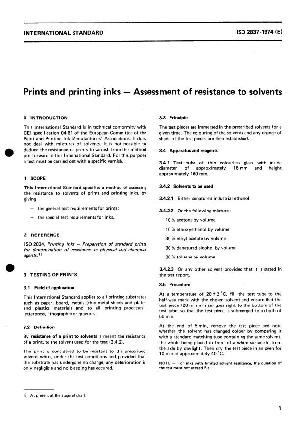 ISO 2837:1974 - Prints and printing inks -- Assessment of resistance to solvents