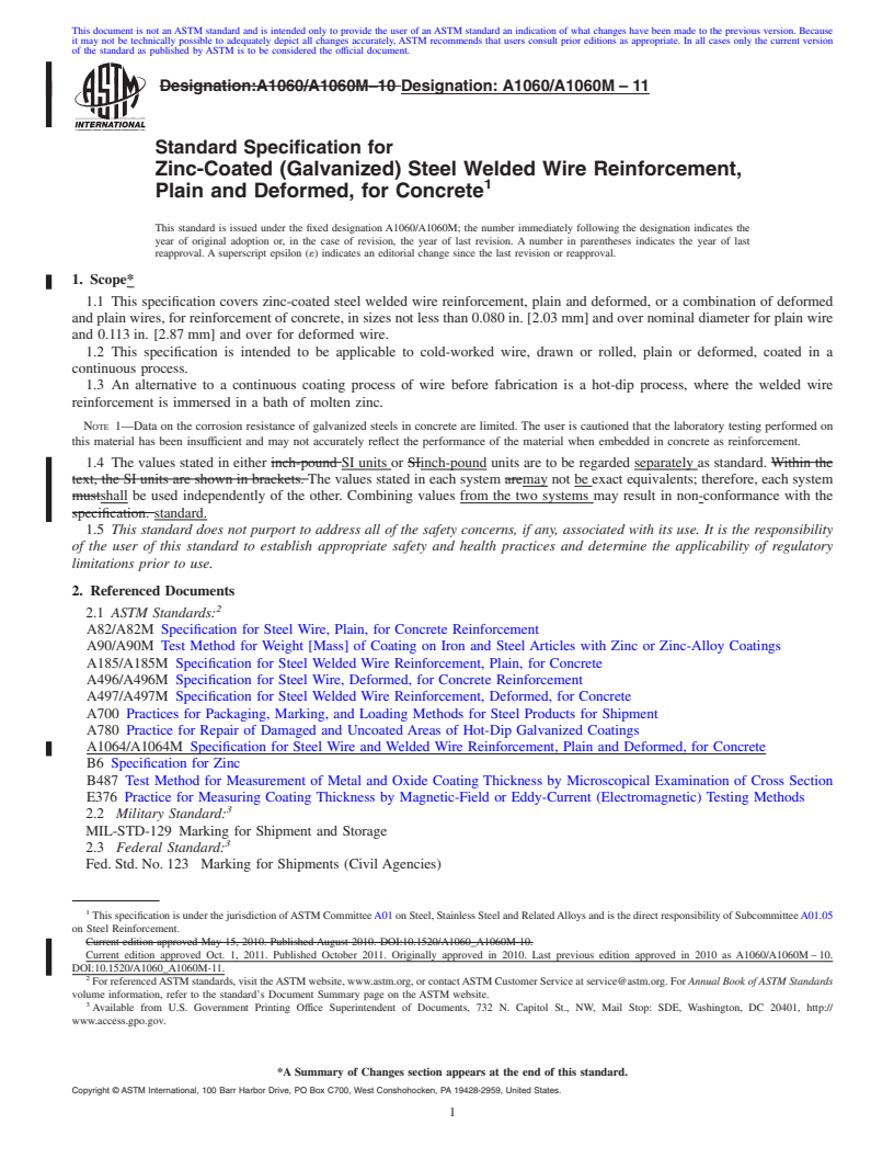 REDLINE ASTM A1060/A1060M-11 - Standard Specification for Zinc-Coated (Galvanized) Steel Welded Wire Reinforcement, Plain and Deformed, for Concrete