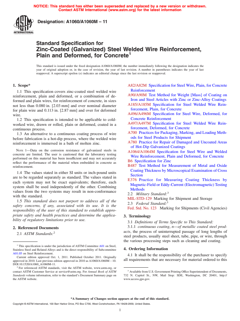 ASTM A1060/A1060M-11 - Standard Specification for Zinc-Coated (Galvanized) Steel Welded Wire Reinforcement, Plain and Deformed, for Concrete