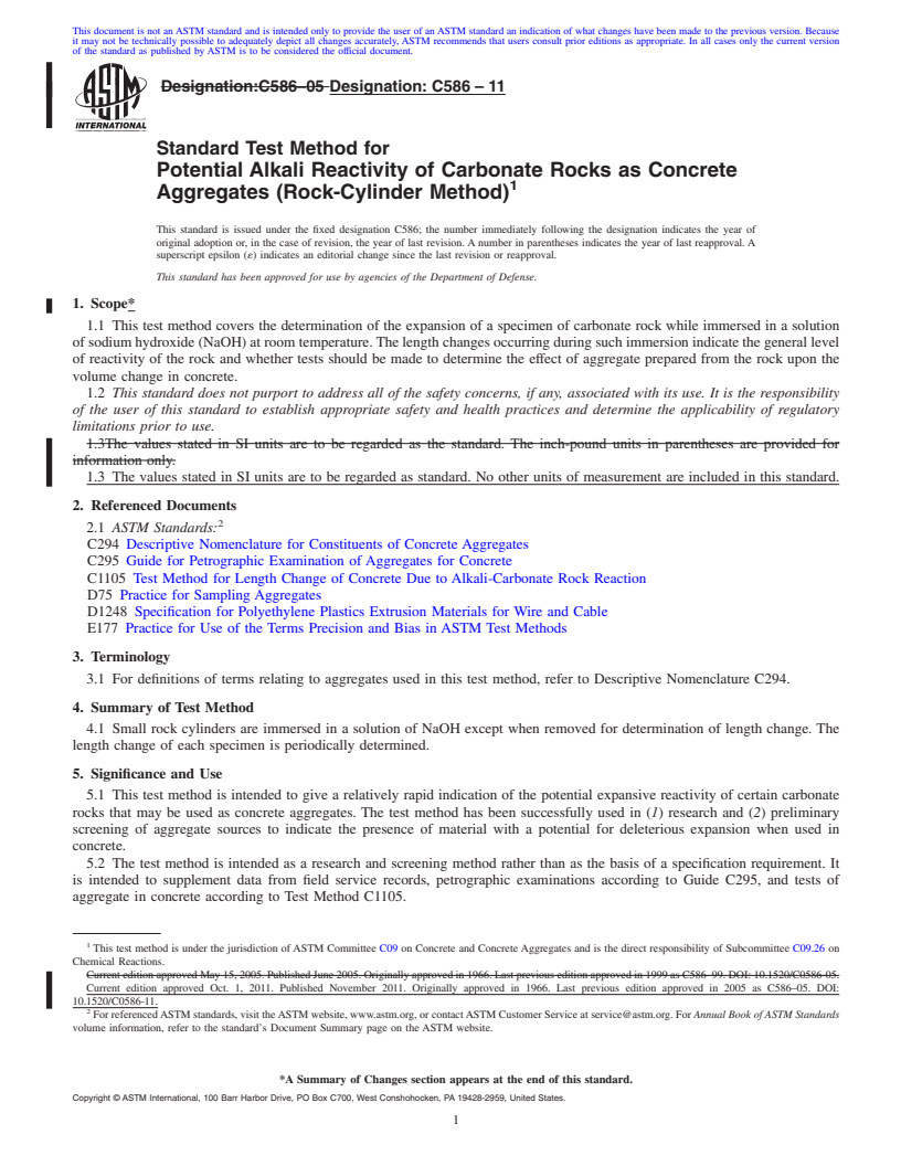 REDLINE ASTM C586-11 - Standard Test Method for  Potential Alkali Reactivity of Carbonate Rocks as Concrete Aggregates (Rock-Cylinder Method)