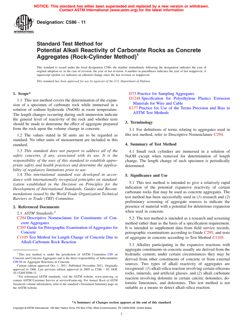 ASTM C586-11 - Standard Test Method for  Potential Alkali Reactivity of Carbonate Rocks as Concrete Aggregates (Rock-Cylinder Method)