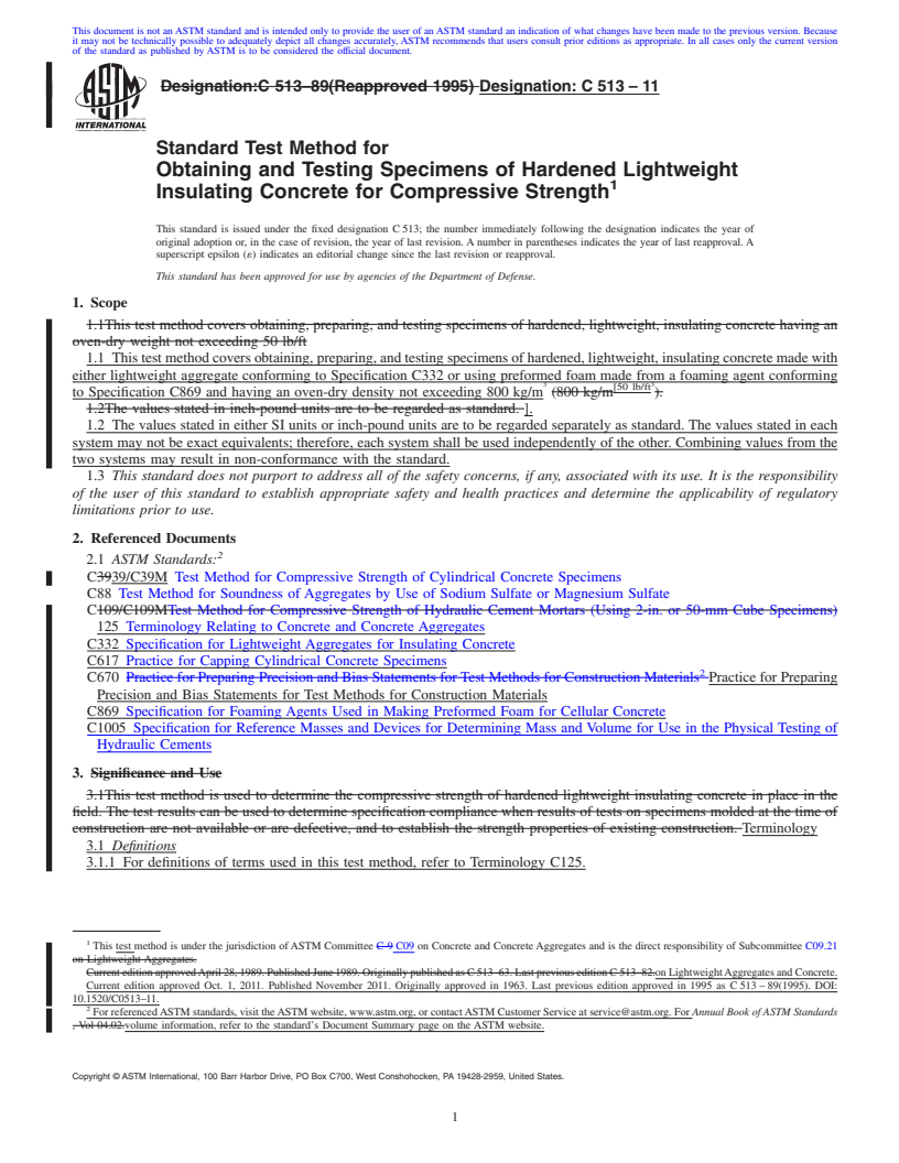 REDLINE ASTM C513-11 - Standard Test Method for  Obtaining and Testing Specimens of Hardened Lightweight Insulating Concrete for Compressive Strength