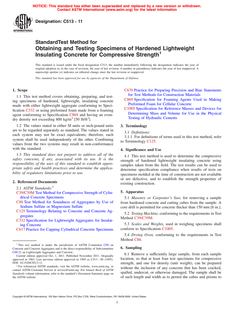 ASTM C513-11 - Standard Test Method for  Obtaining and Testing Specimens of Hardened Lightweight Insulating Concrete for Compressive Strength