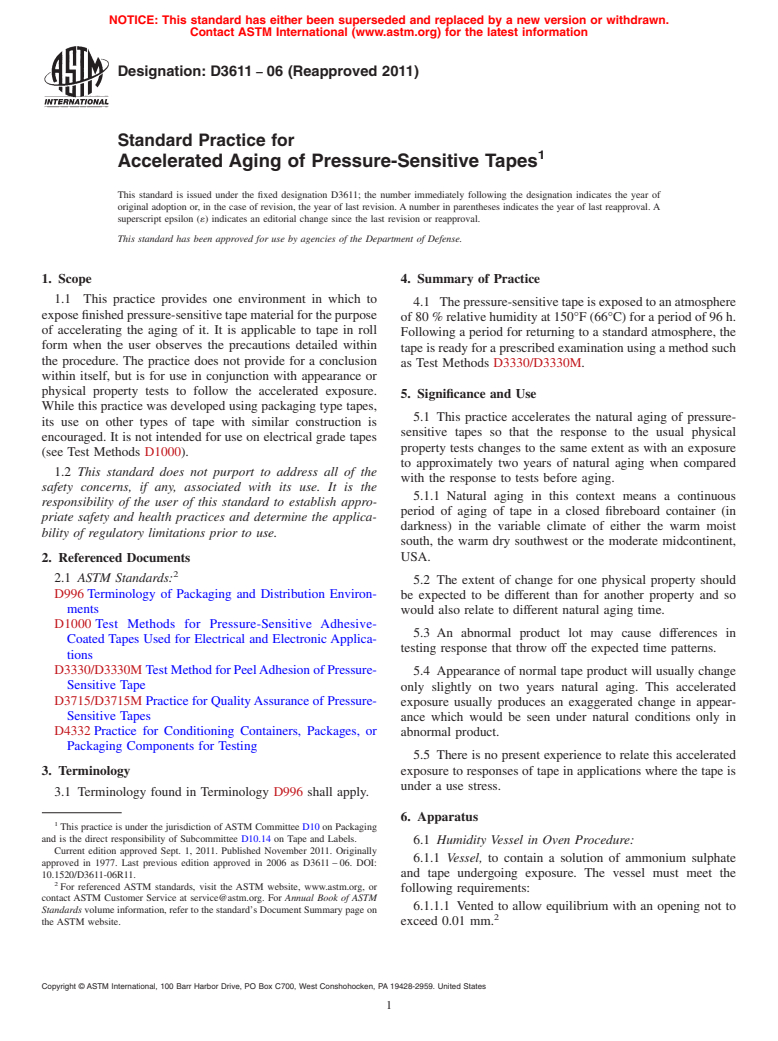 ASTM D3611-06(2011) - Standard Practice for  Accelerated Aging of Pressure-Sensitive Tapes