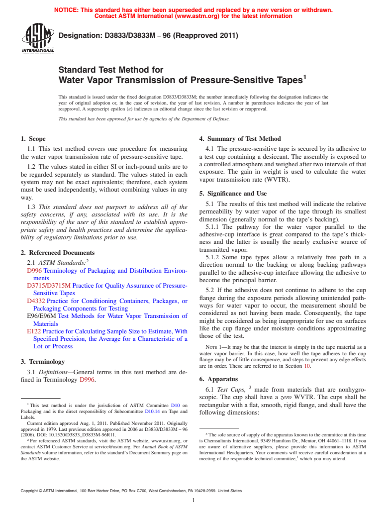 ASTM D3833/D3833M-96(2011) - Standard Test Method for Water Vapor Transmission of Pressure-Sensitive Tapes