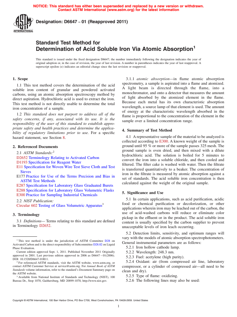 ASTM D6647-01(2011) - Standard Test Method for Determination of Acid Soluble Iron Via Atomic Absorption