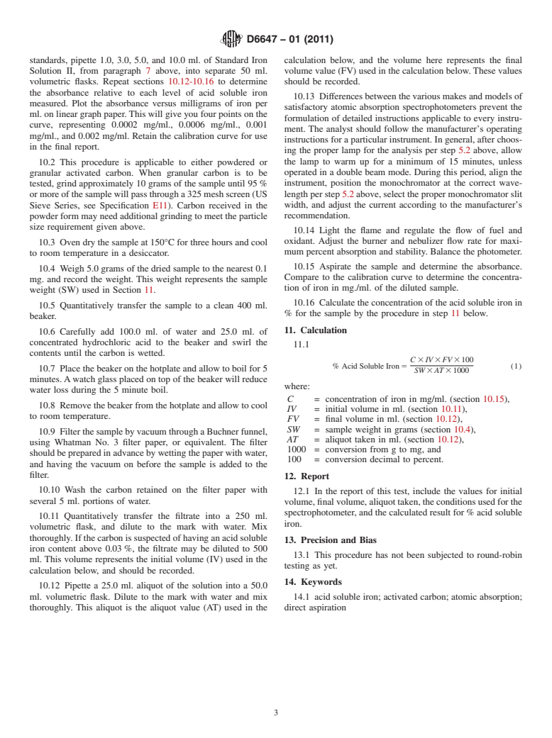 ASTM D6647-01(2011) - Standard Test Method for Determination of Acid Soluble Iron Via Atomic Absorption