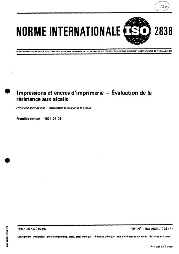 ISO 2838:1974 - Impressions et encres d'imprimerie -- Évaluation de la résistance aux alcalis