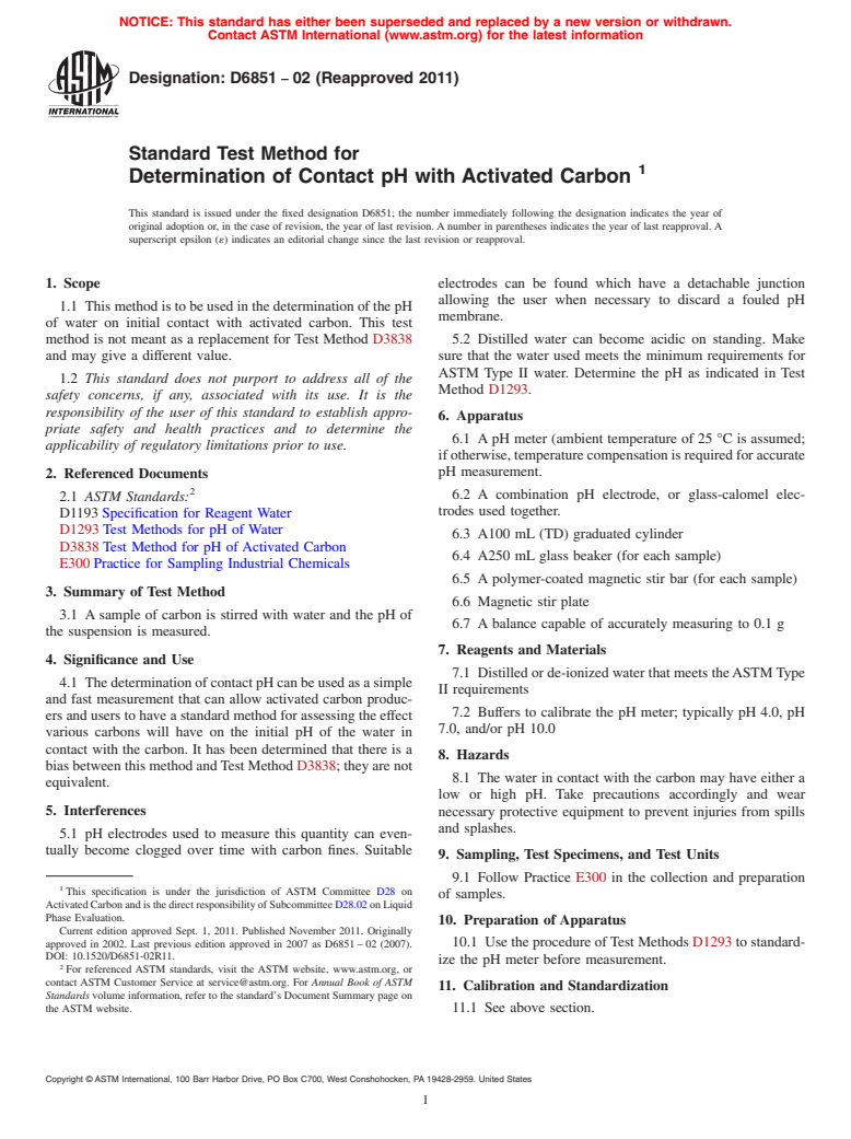 ASTM D6851-02(2011) - Standard Test Method for  Determination of Contact pH with Activated Carbon