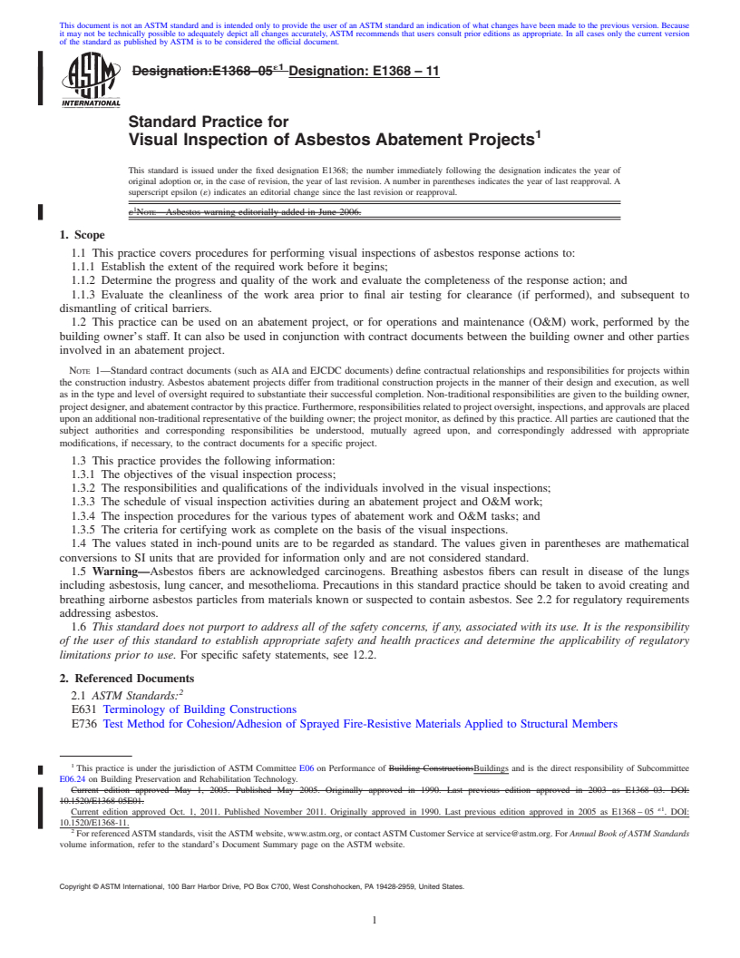 REDLINE ASTM E1368-11 - Standard Practice for Visual Inspection of Asbestos Abatement Projects