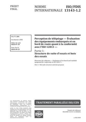 ISO/FDIS 13143-1.2:Version 05-sep-2020 - Perception de télépéage -- Évaluation des équipements embarqués et en bord de route quant a la conformité avec l'ISO 12813