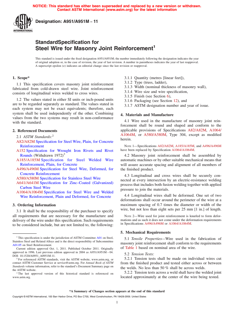 ASTM A951/A951M-11 - Standard Specification for  Steel Wire for Masonry Joint Reinforcement