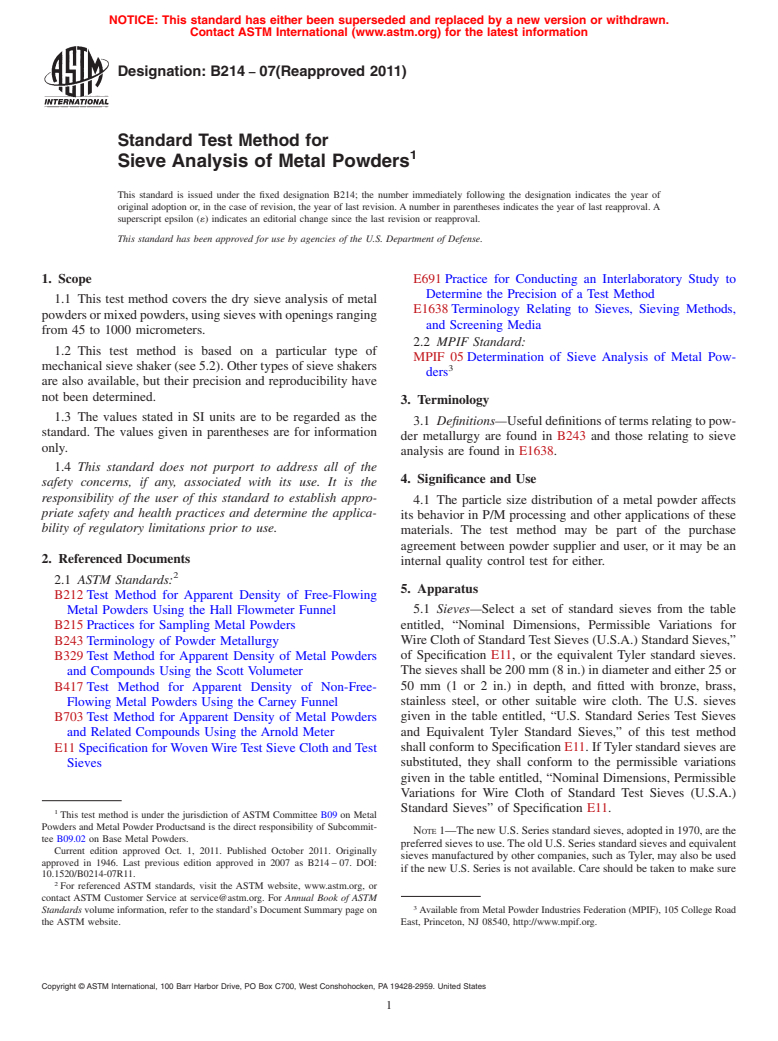 ASTM B214-07(2011) - Standard Test Method for Sieve Analysis of  Metal Powders