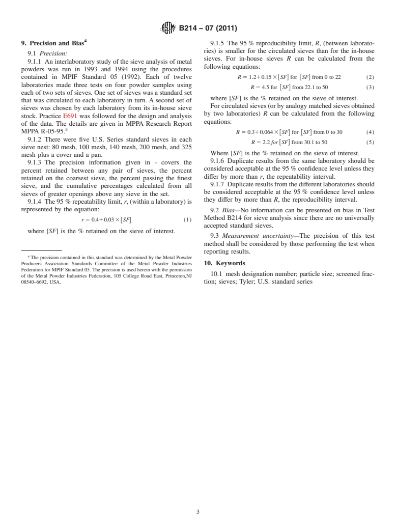 ASTM B214-07(2011) - Standard Test Method for Sieve Analysis of  Metal Powders