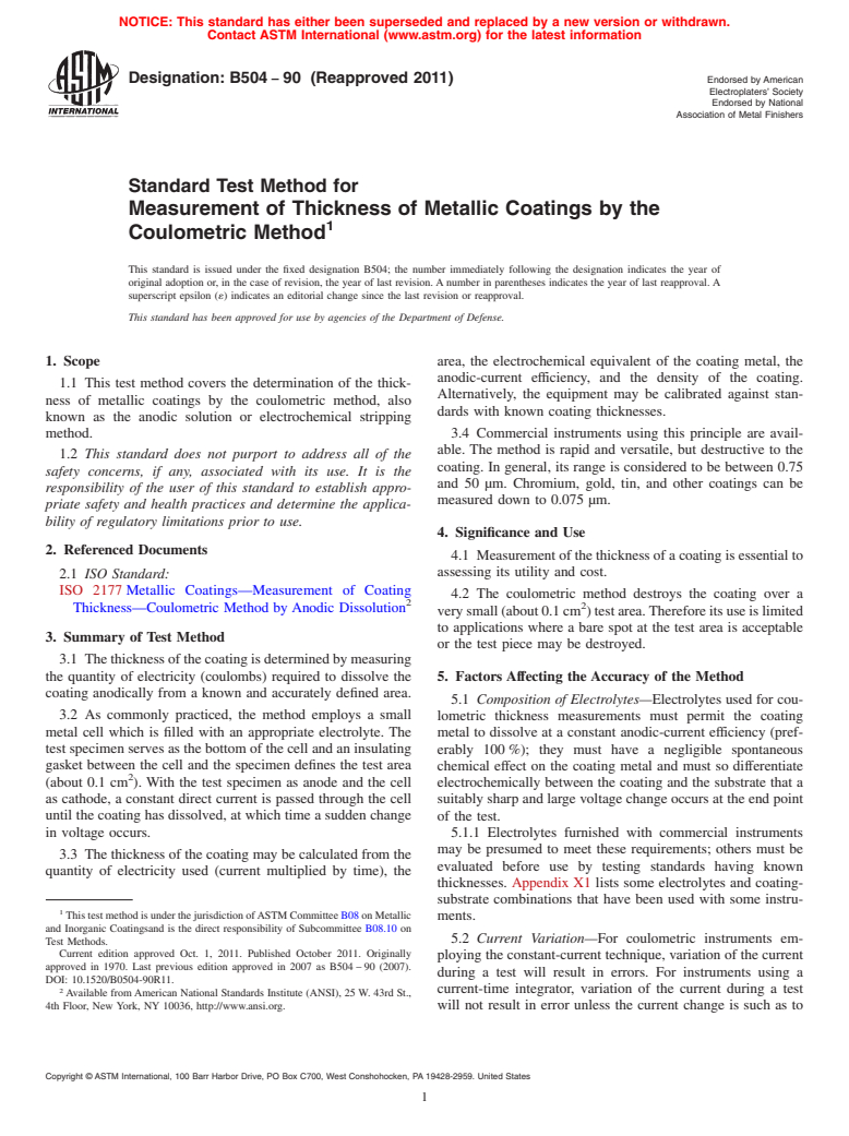 ASTM B504-90(2011) - Standard Test Method for Measurement of Thickness of Metallic Coatings by the Coulometric Method