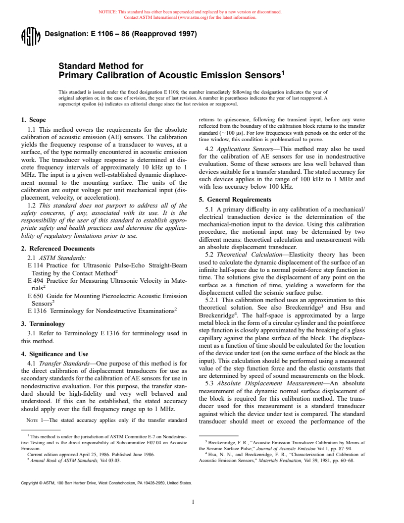 ASTM E1106-86(1997) - Standard Method for Primary Calibration of Acoustic Emission Sensors