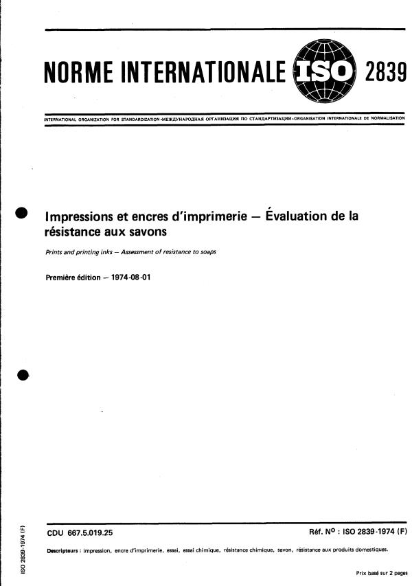 ISO 2839:1974 - Impressions et encres d'imprimerie -- Évaluation de la résistance aux savons