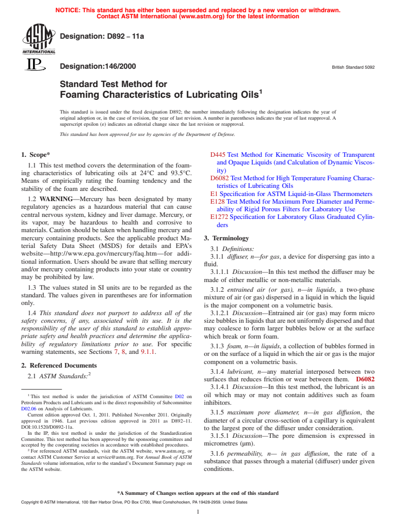 ASTM D892-11a - Standard Test Method for Foaming Characteristics of Lubricating Oils