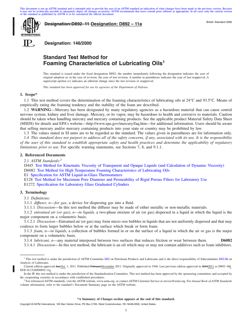 REDLINE ASTM D892-11a - Standard Test Method for Foaming Characteristics of Lubricating Oils