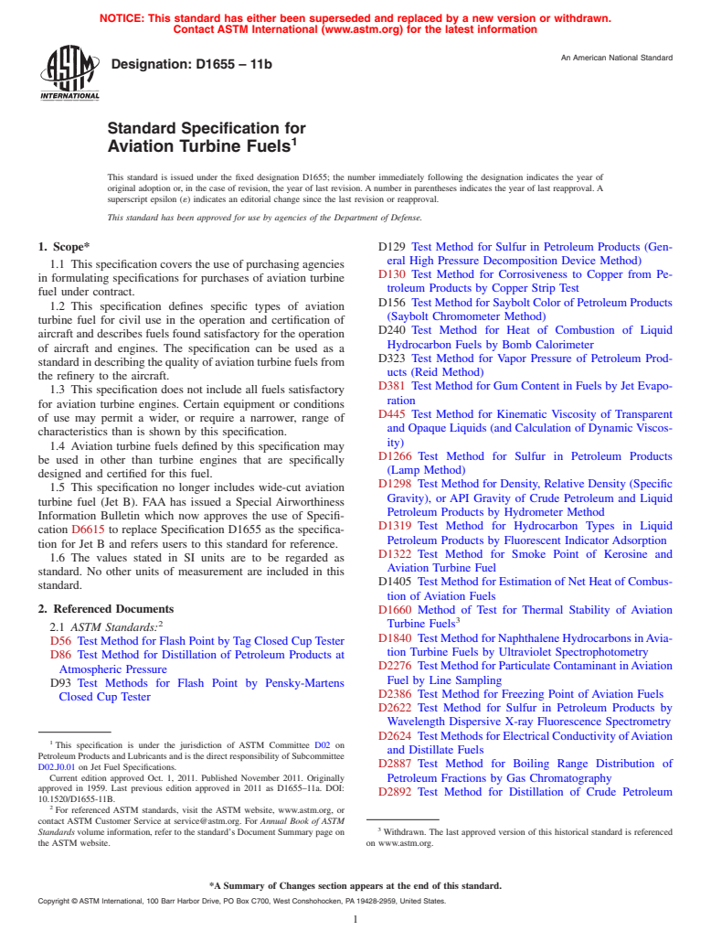 ASTM D1655-11b - Standard Specification for Aviation Turbine Fuels