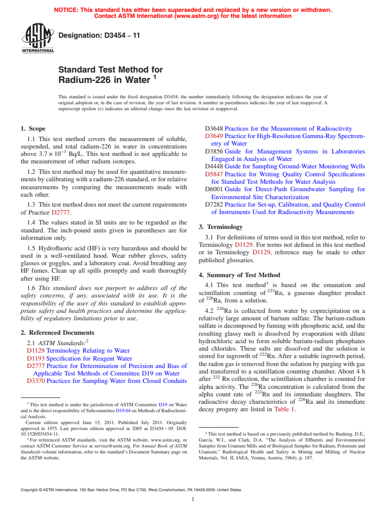 ASTM D3454-11 - Standard Test Method for  Radium-226 in Water