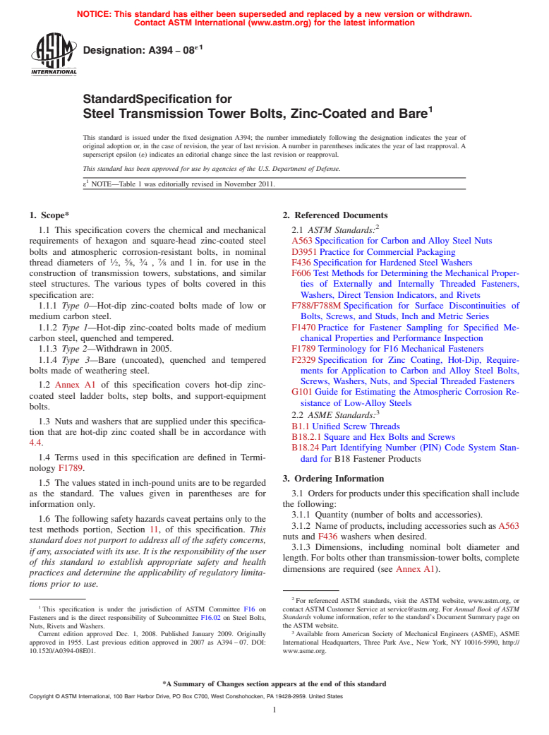 ASTM A394-08e1 - Standard Specification for Steel Transmission Tower Bolts, Zinc-Coated and Bare