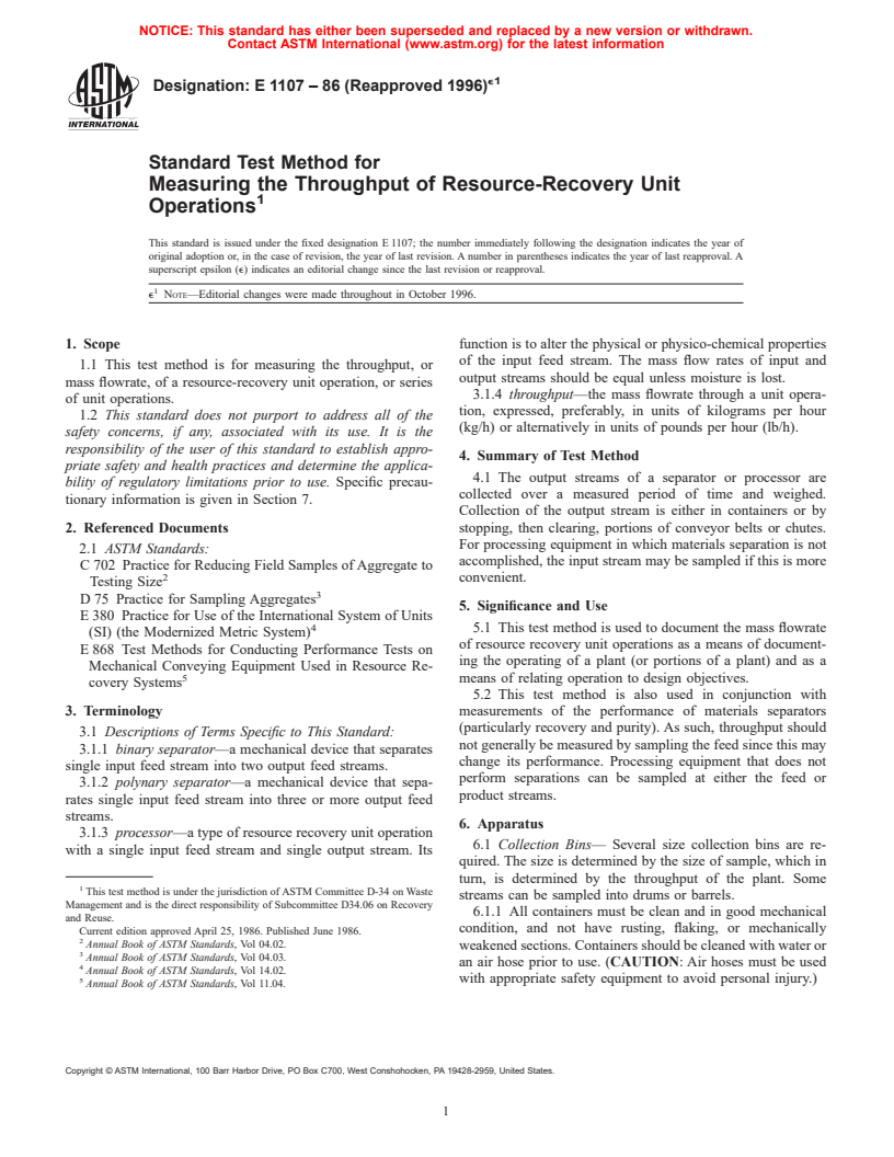 ASTM E1107-86(1996)e1 - Standard Test Method for Measuring the Throughput of Resource-Recovery Unit Operations