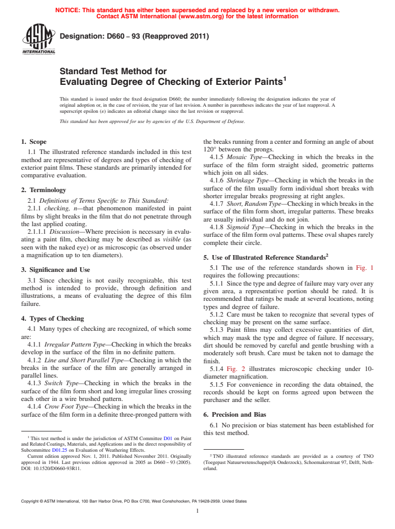 ASTM D660-93(2011) - Standard Test Method for  Evaluating Degree of Checking of Exterior Paints