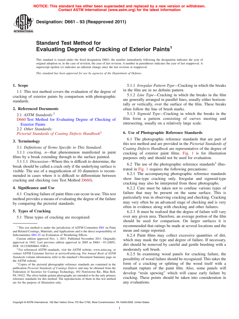 ASTM D661-93(2011) - Standard Test Method for  Evaluating Degree of Cracking of Exterior Paints