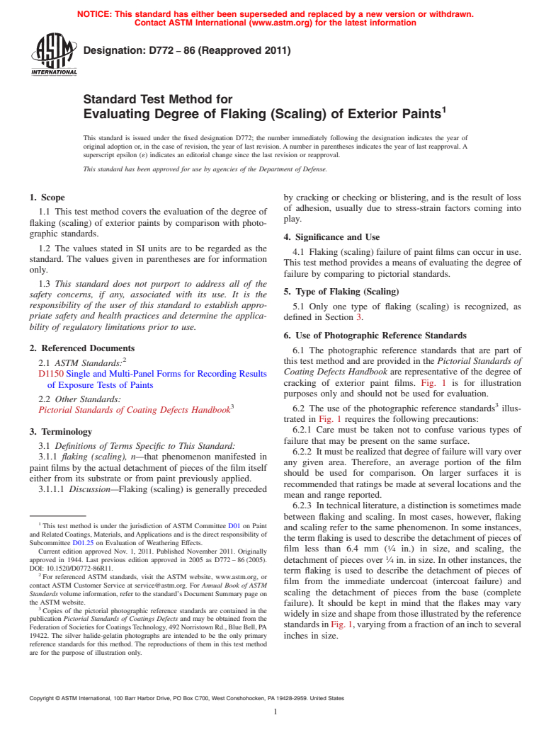 ASTM D772-86(2011) - Standard Test Method for  Evaluating Degree of Flaking (Scaling) of Exterior Paints