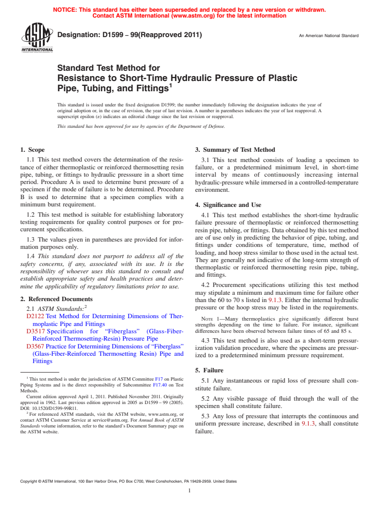 ASTM D1599-99(2011) - Standard Test Method for  Resistance to Short-Time Hydraulic Pressure of Plastic Pipe, Tubing, and Fittings