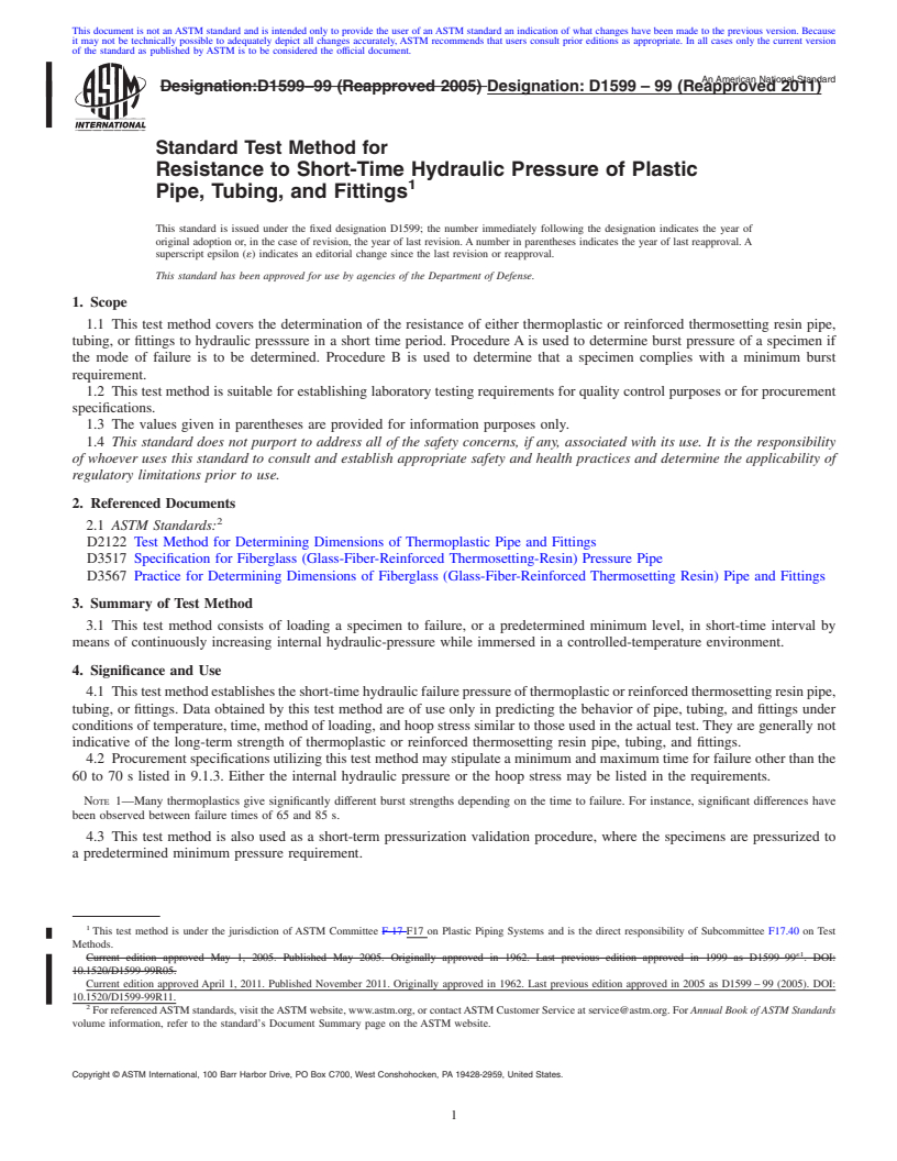 REDLINE ASTM D1599-99(2011) - Standard Test Method for  Resistance to Short-Time Hydraulic Pressure of Plastic Pipe, Tubing, and Fittings