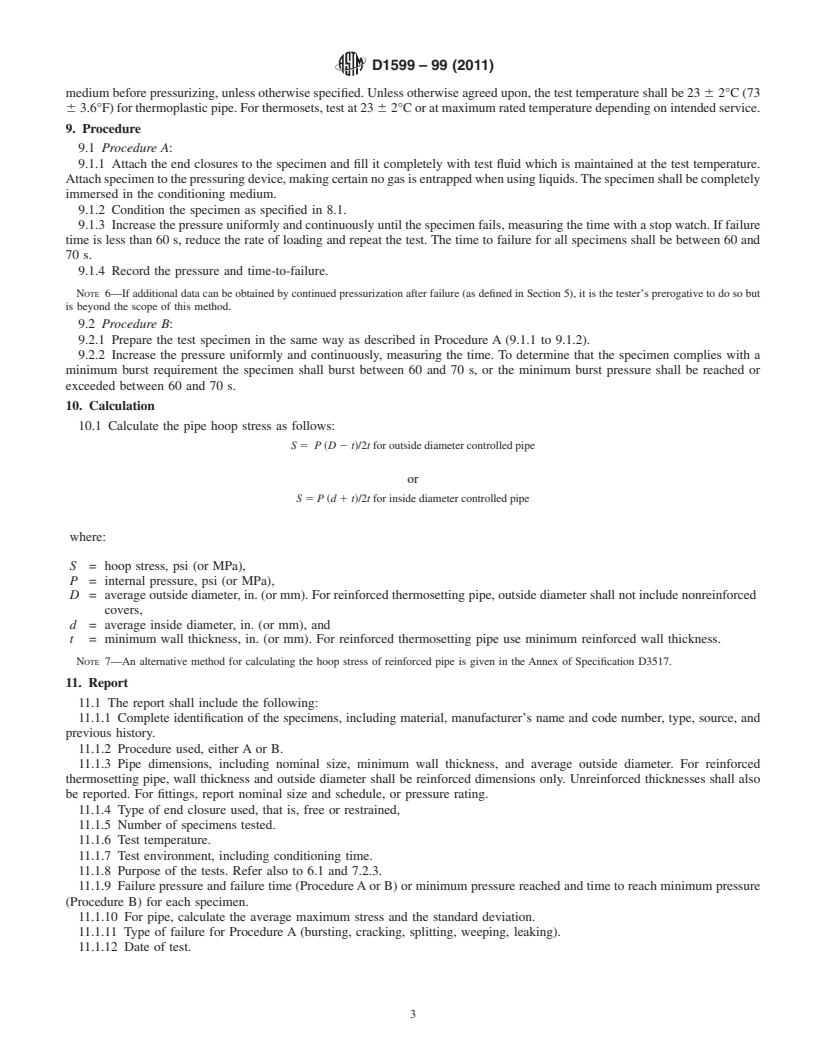 REDLINE ASTM D1599-99(2011) - Standard Test Method for  Resistance to Short-Time Hydraulic Pressure of Plastic Pipe, Tubing, and Fittings