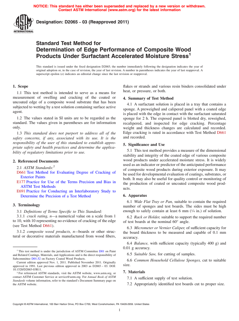 ASTM D2065-03(2011) - :  Standard Test Method for Determination of Edge Performance of Composite Wood Products Under  Surfactant Accelerated Moisture Stress