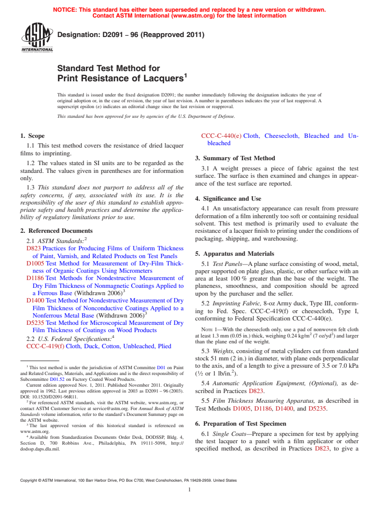 ASTM D2091-96(2011) - Standard Test Method for Print Resistance of Lacquers