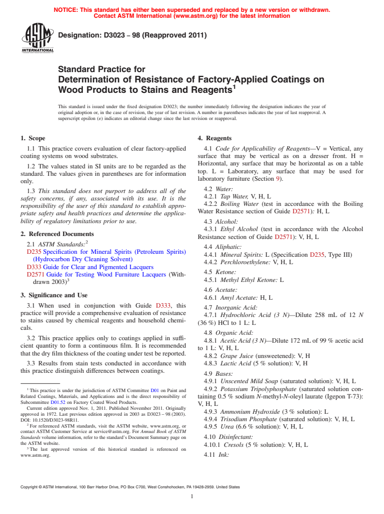 ASTM D3023-98(2011) - Standard Practice for  Determination of Resistance of Factory-Applied Coatings on Wood Products to Stains and Reagents