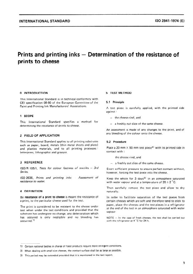 ISO 2841:1974 - Prints and printing inks -- Determination of the resistance of prints to cheese