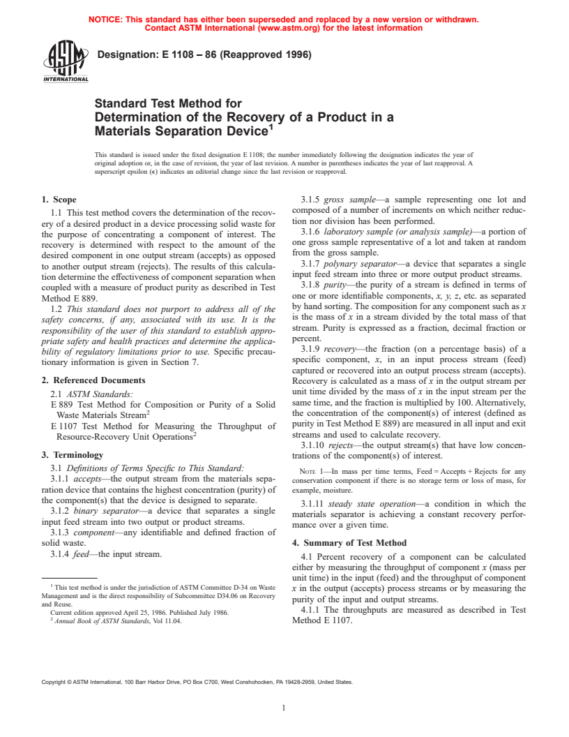 ASTM E1108-86(1996) - Standard Test Method for Determination of the Recovery of a Product in a Materials Separation Device